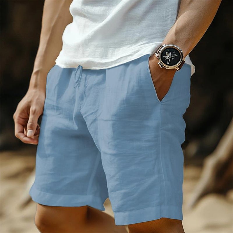 Men'S Cotton And Linen Summer Pocket Drawstring Elastic Waist Solid Color Comfortable Breathable Casual Daily Shorts - Image 1